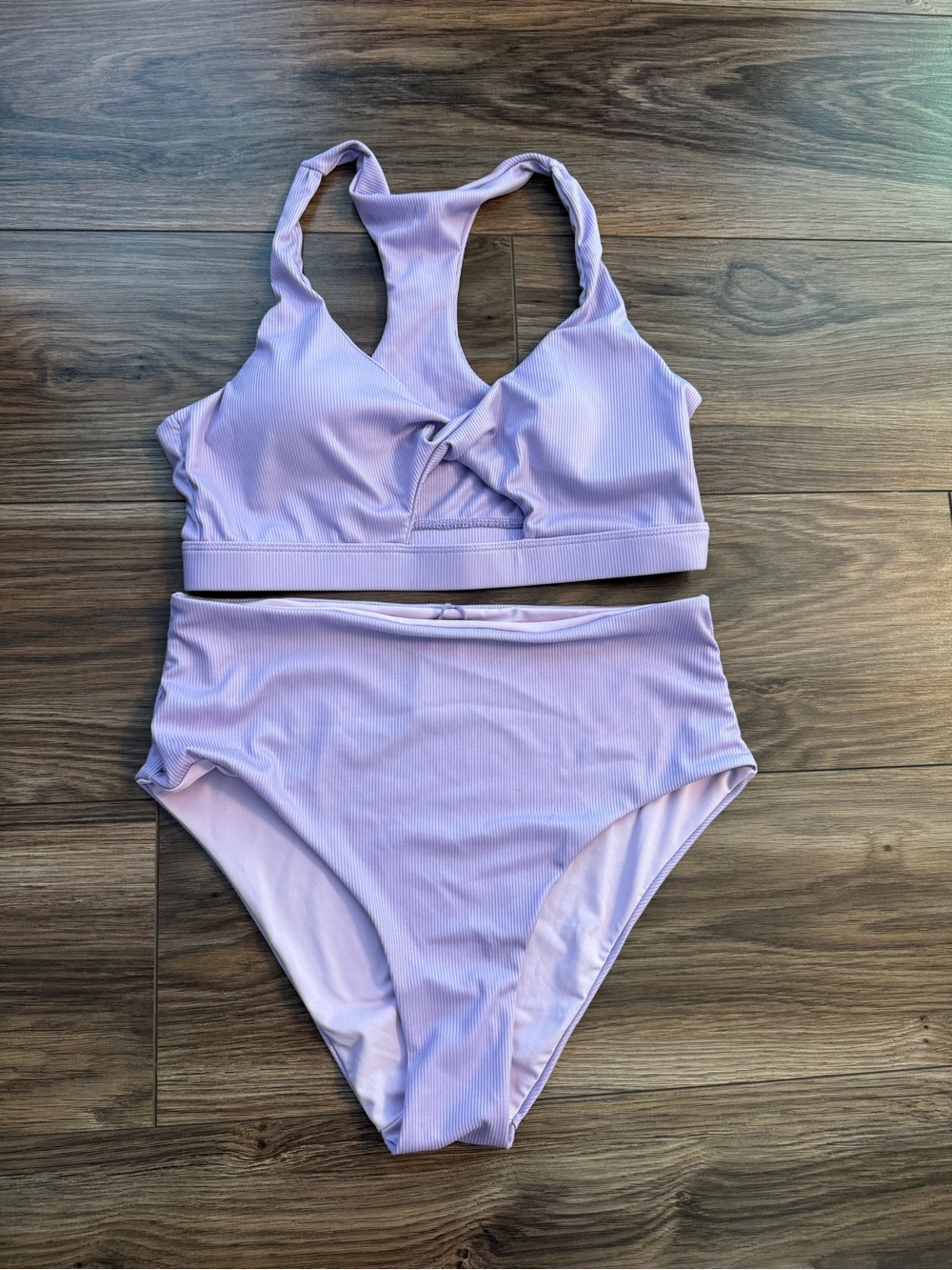 Pink Lily Ribbed Lavender Twist Front With Racerback High Waisted Bikini Set